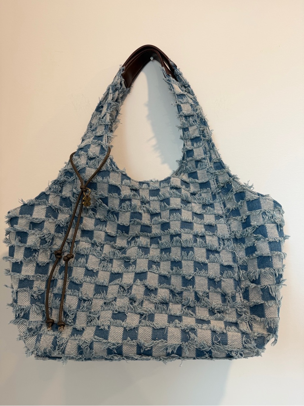 Lucky Brand Frayed Checkered Denim Tote - Light & Medium Blue